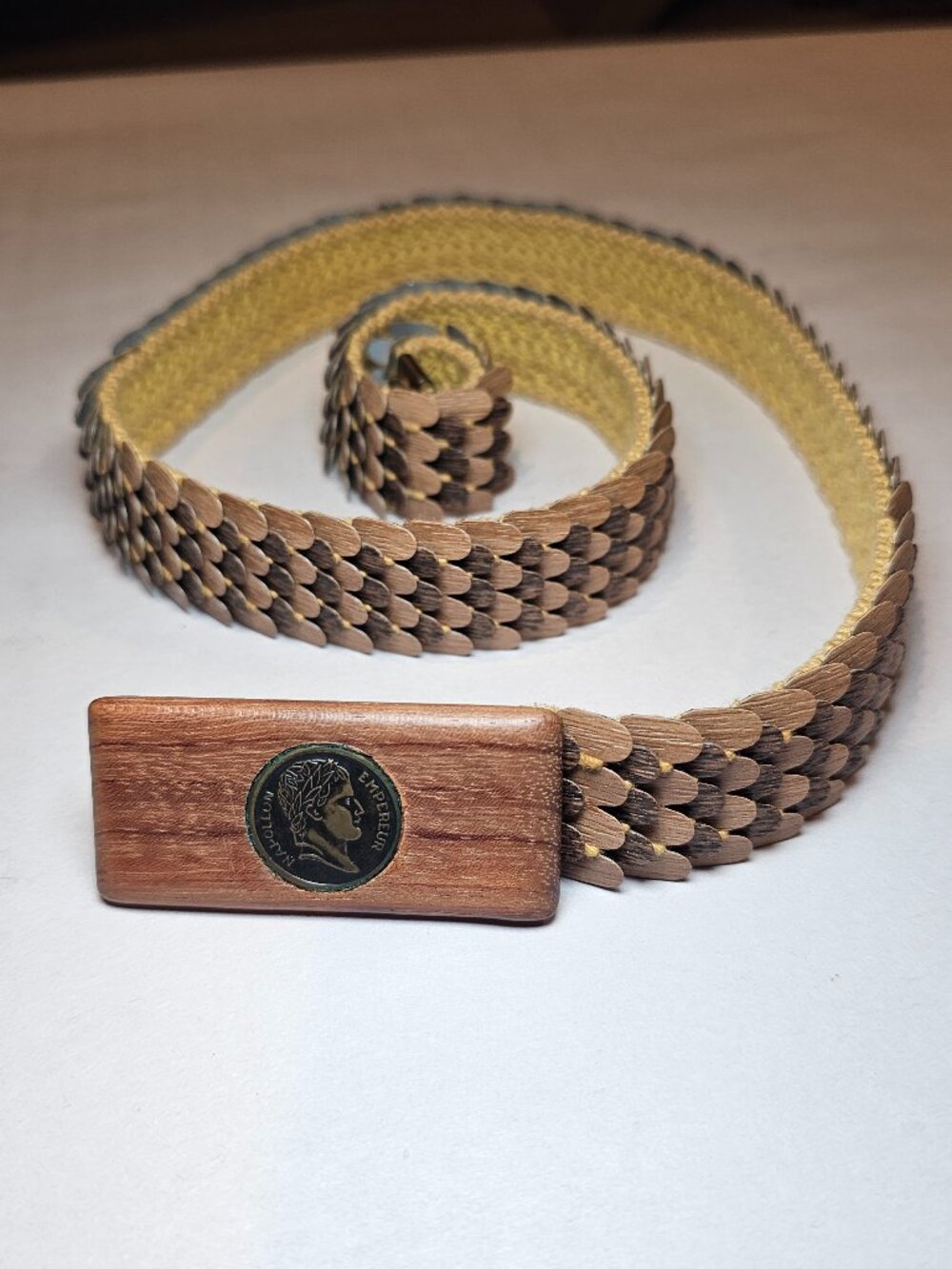 Vtg Napoleon Empereur Stretch Belt Wood Fish Scale Dragon Coin Buckle Boho 1970
